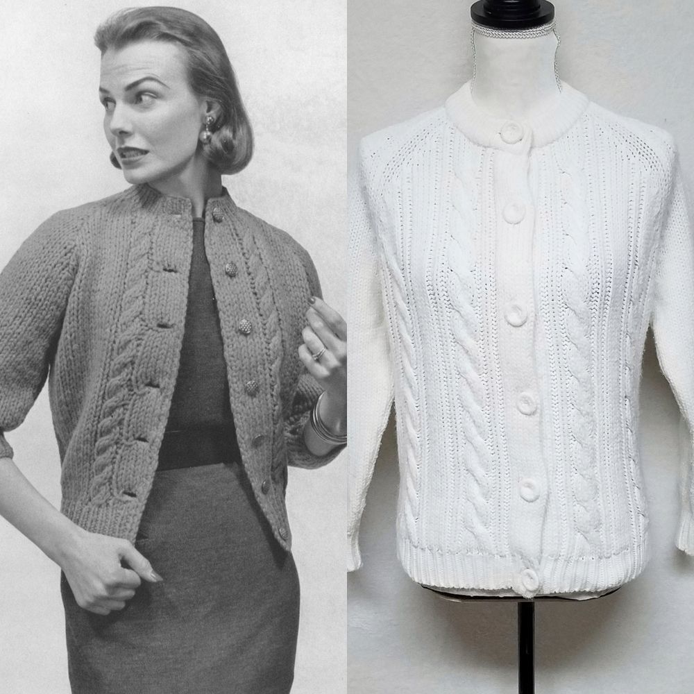VINTAGE 1950s Exclusive Imports Virgin Acrylic White Corded Button Up Cardigan